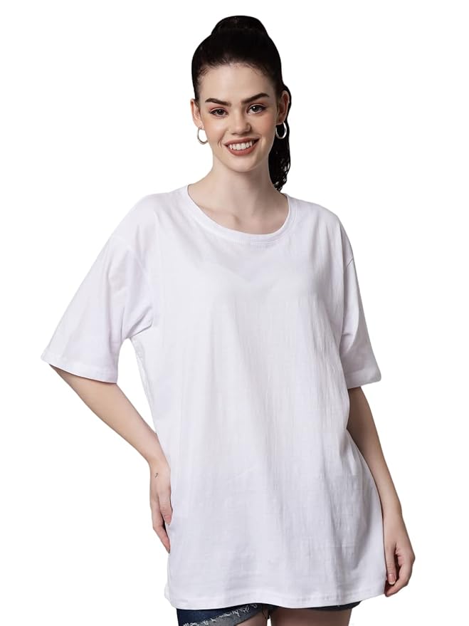 Women's Pure Cotton Casual Oversized Round Neck Drop Shoulder Tshirt