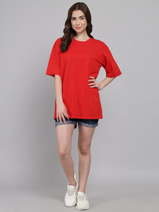Women's Pure Cotton Casual Oversized Round Neck Drop Shoulder Tshirt