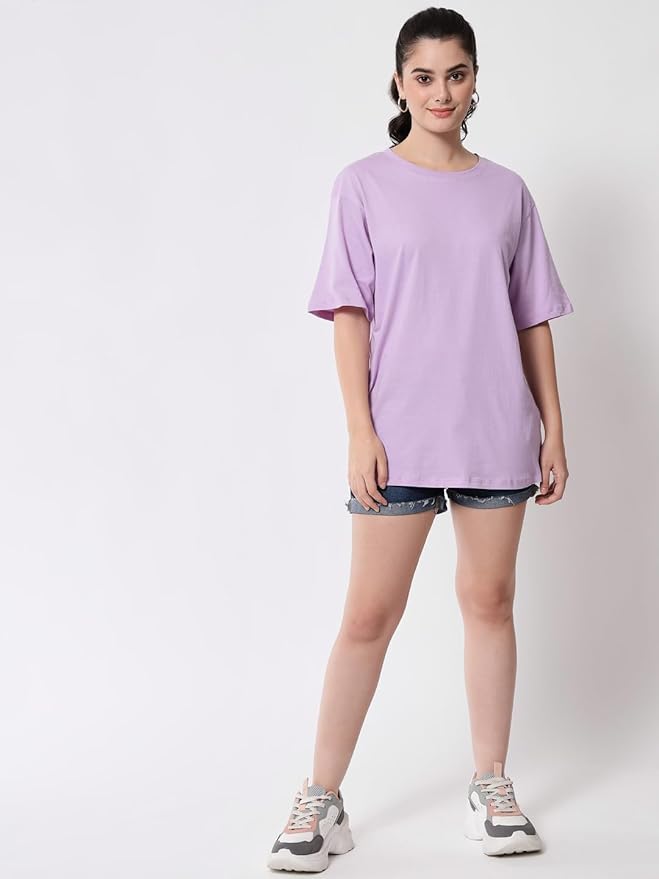 Women's Pure Cotton Casual Oversized Round Neck Drop Shoulder Tshirt