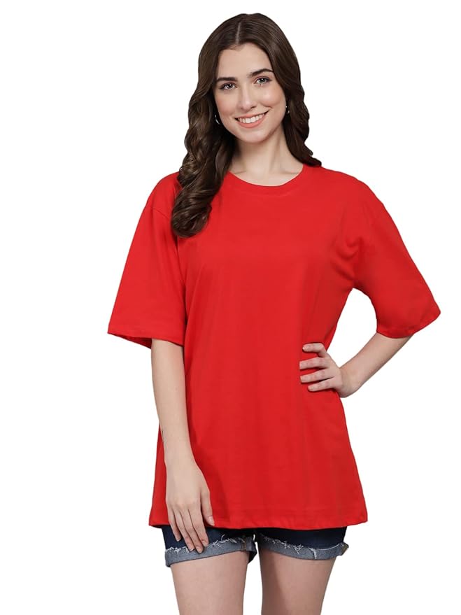 Women's Pure Cotton Casual Oversized Round Neck Drop Shoulder Tshirt