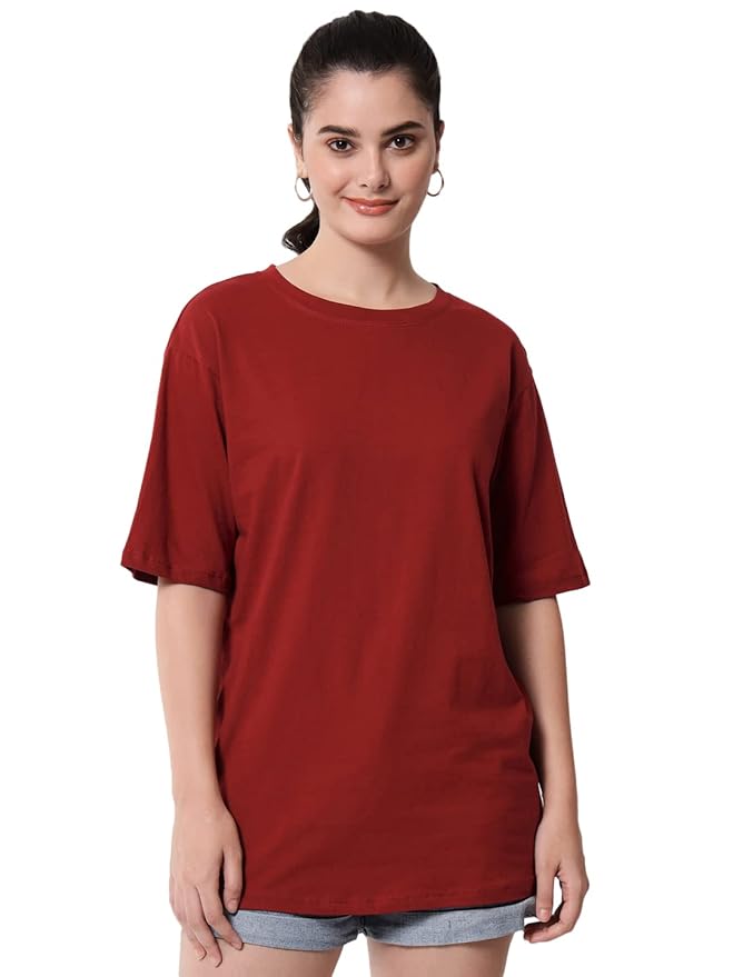 Women's Pure Cotton Casual Oversized Round Neck Drop Shoulder Tshirt