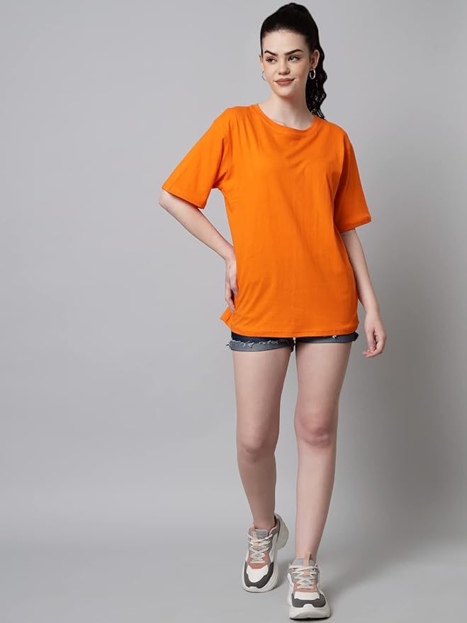 Women's Pure Cotton Casual Oversized Round Neck Drop Shoulder Tshirt