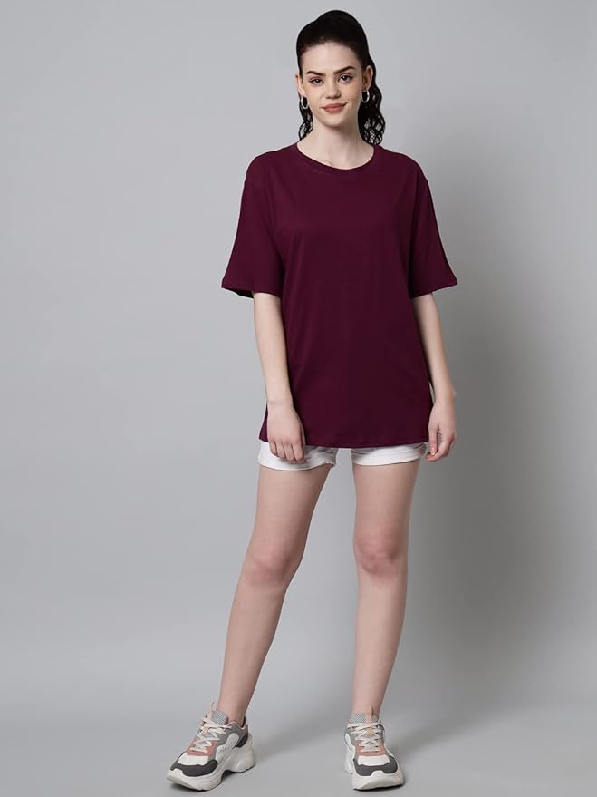 Women's Pure Cotton Casual Oversized Round Neck Drop Shoulder Tshirt