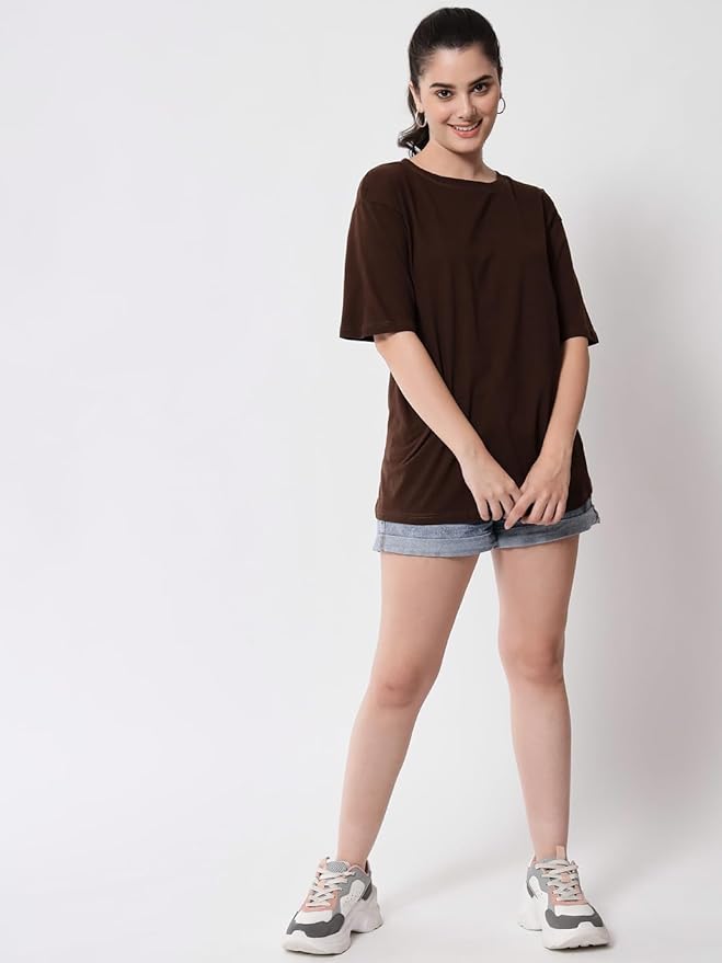 Women's Pure Cotton Casual Oversized Round Neck Drop Shoulder Tshirt