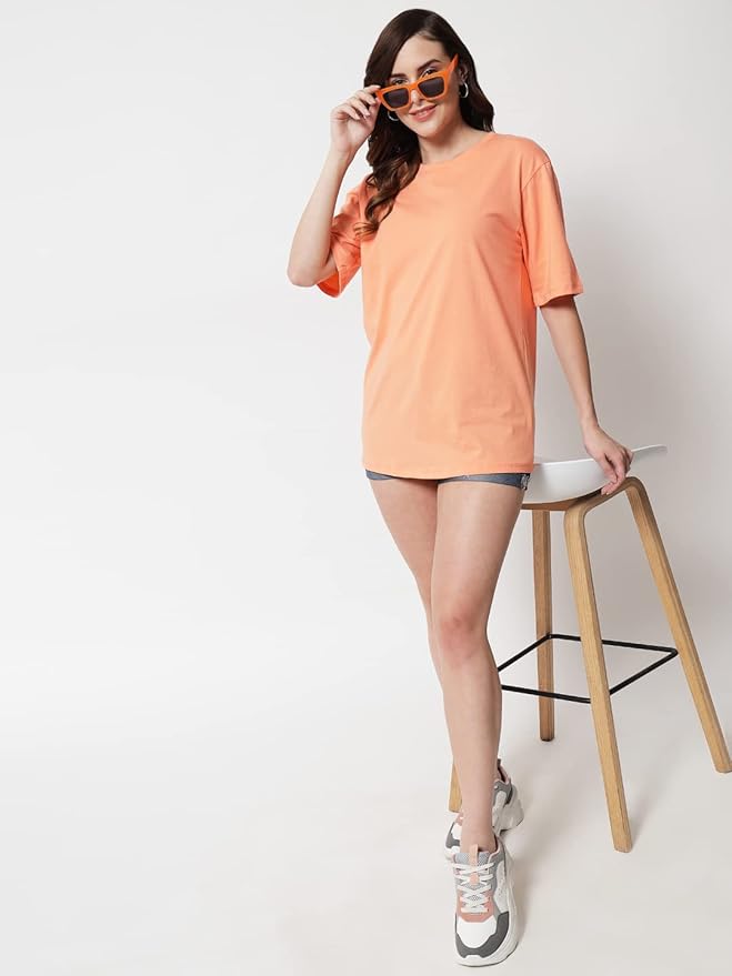 Women's Pure Cotton Casual Oversized Round Neck Drop Shoulder Tshirt