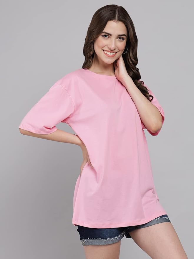 Women's Pure Cotton Casual Oversized Round Neck Drop Shoulder Tshirt