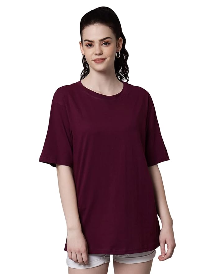 Women's Pure Cotton Casual Oversized Round Neck Drop Shoulder Tshirt