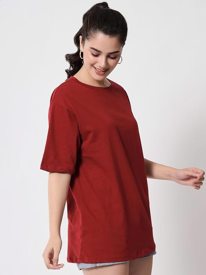Women's Pure Cotton Casual Oversized Round Neck Drop Shoulder Tshirt