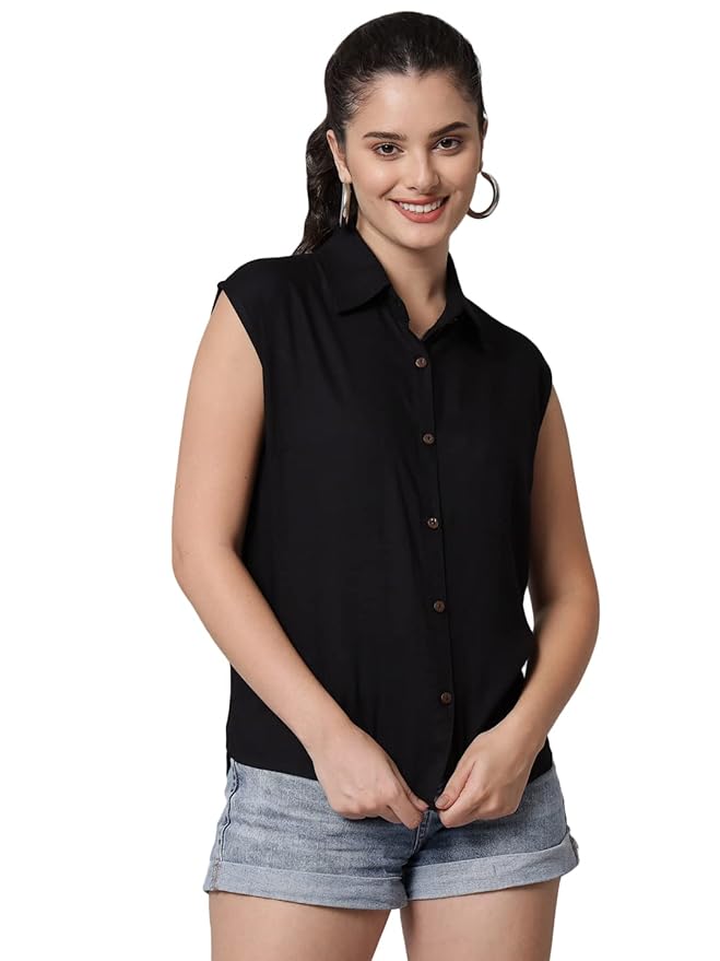 Women Regular Fit Solid Casual Sleevesless Shirt