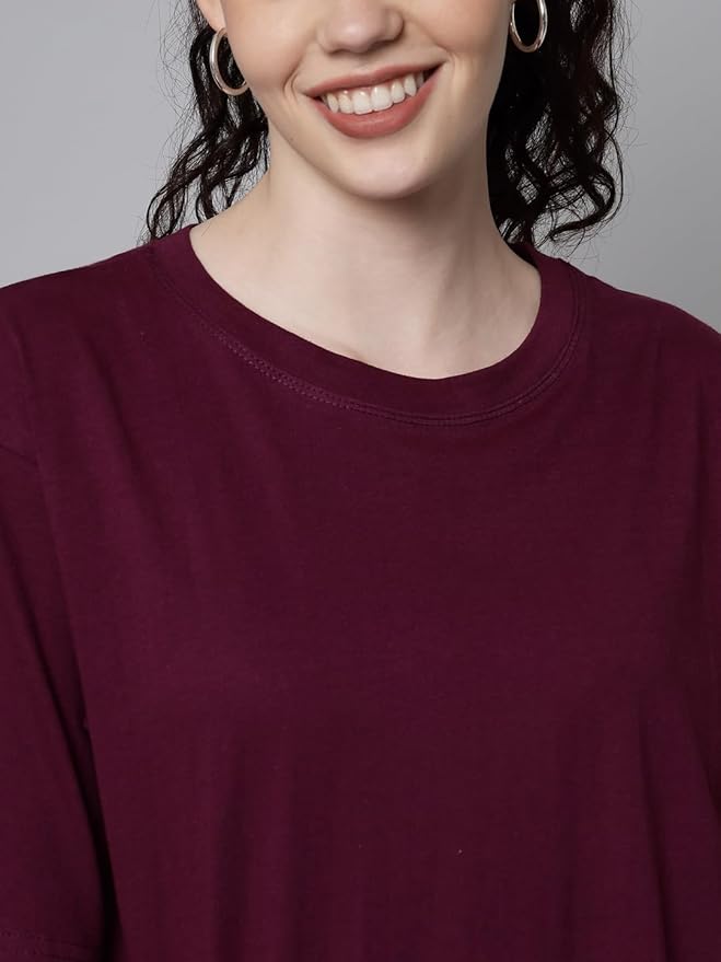 Women's Pure Cotton Casual Oversized Round Neck Drop Shoulder Tshirt