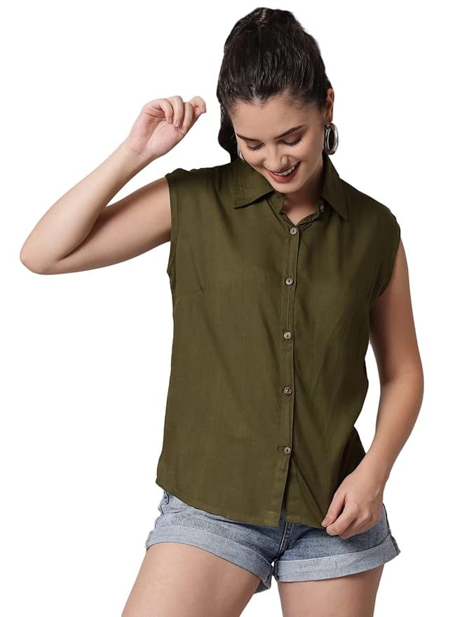 Women Regular Fit Solid Casual Sleevesless Shirt