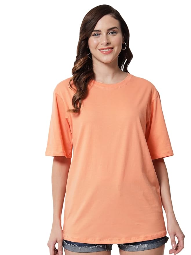Women's Pure Cotton Casual Oversized Round Neck Drop Shoulder Tshirt